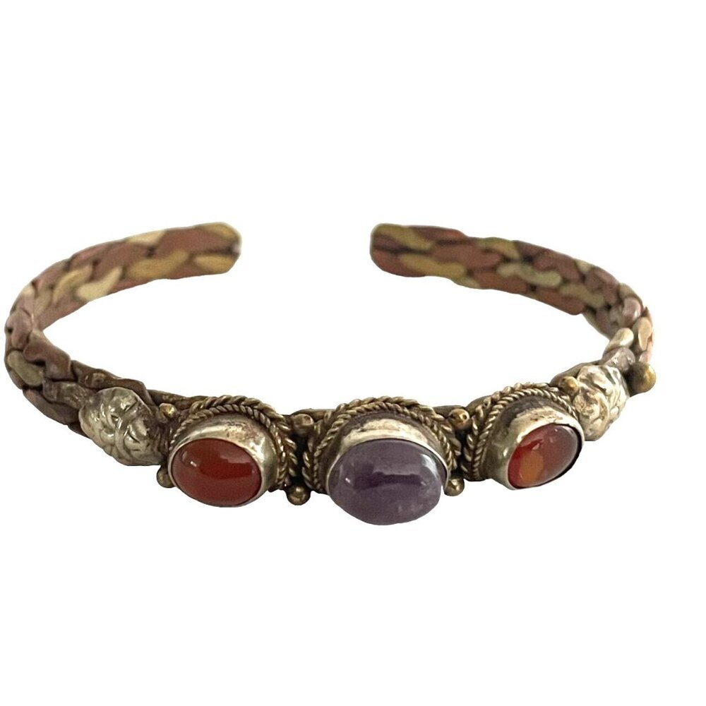 Three Stone Twisted Braid Cuff Bangle Bracelet Vi… - image 1